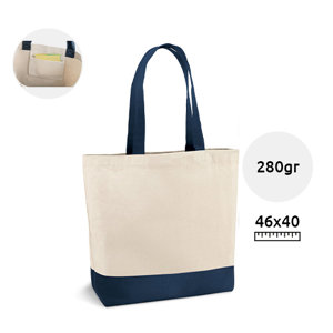 Shopper in canvas di cotone 100% a soffietto e tasca interna con manici e base colorata da 280gr 46x40x15cm