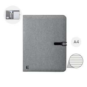 Cartella in RPET con chiusura ad elastico e blocco appunti in formato A4 e vari scomparti interni