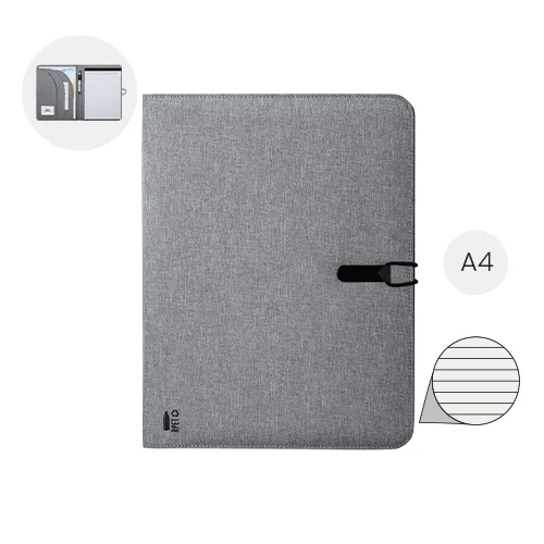 Cartella in RPET con chiusura ad elastico e blocco appunti in formato A4 e vari scomparti interni