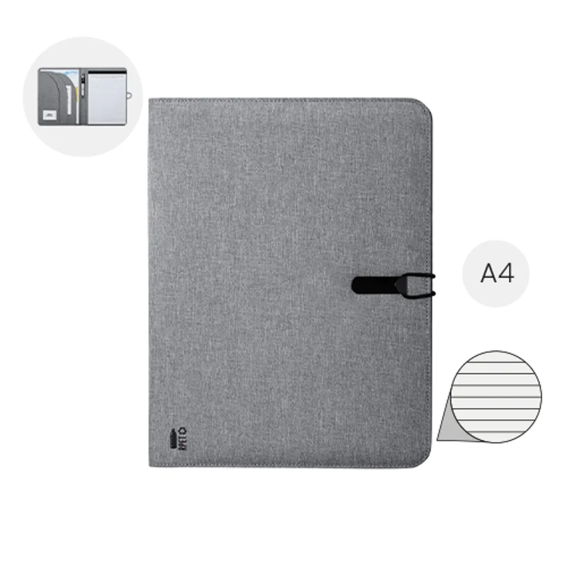 Cartella in RPET con chiusura ad elastico e blocco appunti in formato A4 e vari scomparti interni