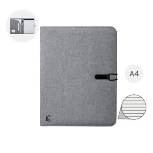 Cartella in RPET con chiusura ad elastico e blocco appunti in formato A4 e vari scomparti interni