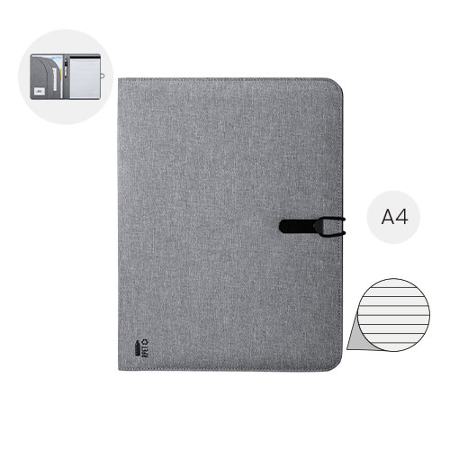 Cartella in RPET con chiusura ad elastico e blocco appunti in formato A4 e vari scomparti interni