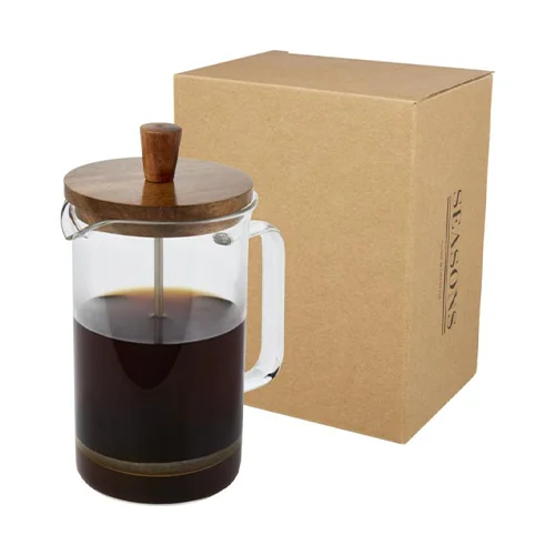 Caffettiera a pressione french press in vetro da 600ml con coperchio in legno di acacia e scatola regalo