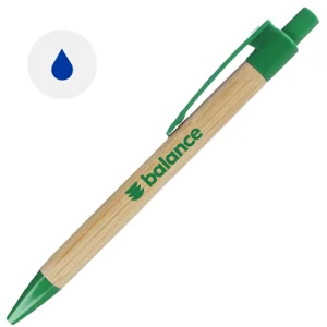 Penna a sfera di bambù con clip e puntale in plastica colorata con meccanismo a scatto e refill blu