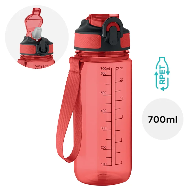 Borraccia sportiva motivazionale in RPET con cannuccia integrata da 700ml