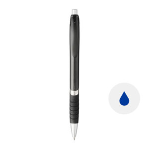 Penna a sfera in plastica con fusto colorato disponibile in varei colorazioni e impugnatura in gomma con meccanismo a scatto e refill blu