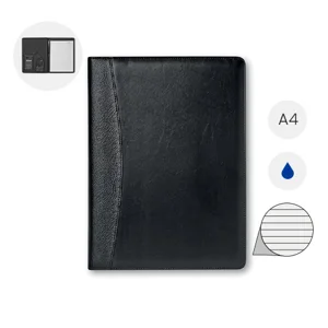 Cartella con Block Notes in formato A4 con calcolatrice a ricarica solare e penna in metallo in refill blu