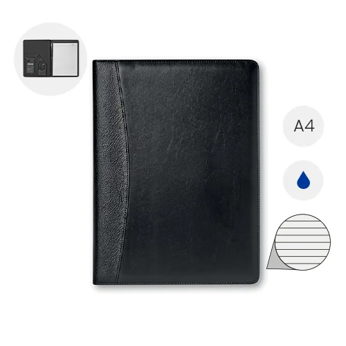 Cartella con Block Notes in formato A4 con calcolatrice a ricarica solare e penna in metallo in refill blu