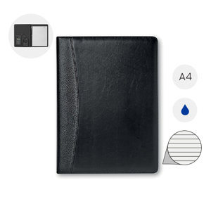 Cartella con Block Notes in formato A4 con calcolatrice a ricarica solare e penna in metallo in refill blu