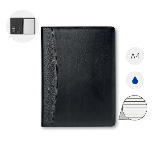 Cartella con Block Notes in formato A4 con calcolatrice a ricarica solare e penna in metallo in refill blu