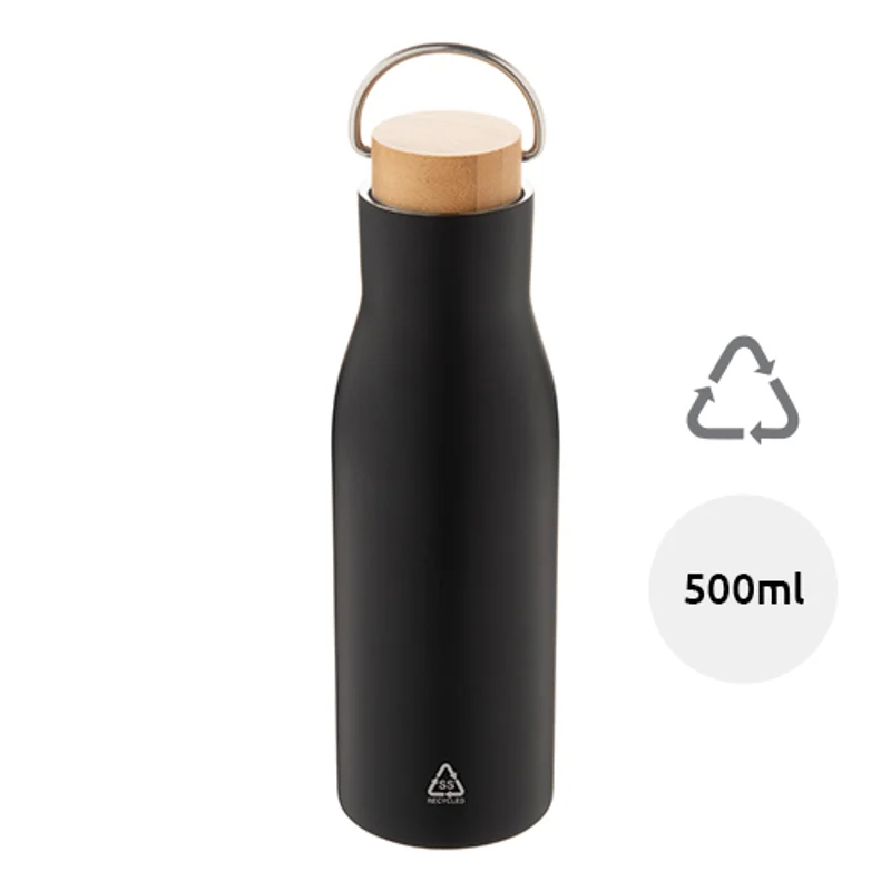 Borraccia doppia parete in acciaio inox riciclato con coperchio in bambù e manico 500ml