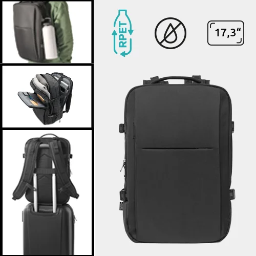 Zaino porta pc da 17,3" e tablet da 10,1" in RPET poliestere riciclato con finitura idrorepellente e cinghia per trolley
