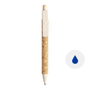 Penna a sfera ecologica in plastica di paglia di grano con corpo rivestito in sughero naturale con meccanismo a scatto e refill blu