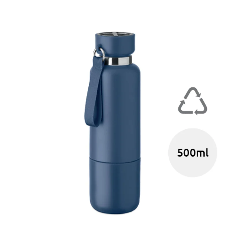 Borraccia termica in acciaio inox riciclato con tazza integrata e manico con cinghia 500ml
