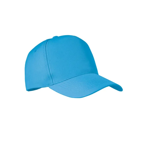 Cappellino con visiera in poliestere RPET a 5 pannelli con fibbia in acciaio argentato
