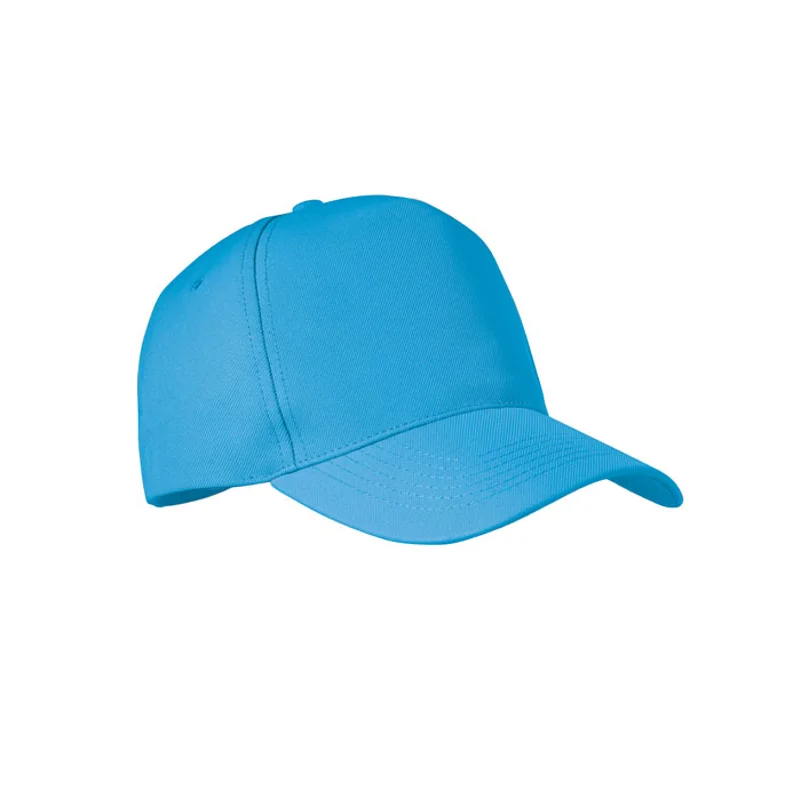 Cappellino con visiera in poliestere RPET a 5 pannelli con fibbia in acciaio argentato