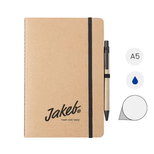 Block notes A5 in cartone riciclato con fogli neutri e penna a sfera refill blu