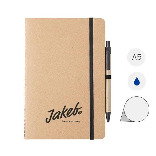 Block notes A5 in cartone riciclato con fogli neutri e penna a sfera refill blu