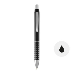 Penna a sfera in plastica disponibile in diverse colorazioni con impugnatura in alluminio e meccanismo a scatto e refill nero