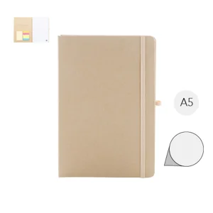 Quaderno A5 con copertina in cartoncino riciclato, foglietti adesivi, tasca, elastico e porta penne