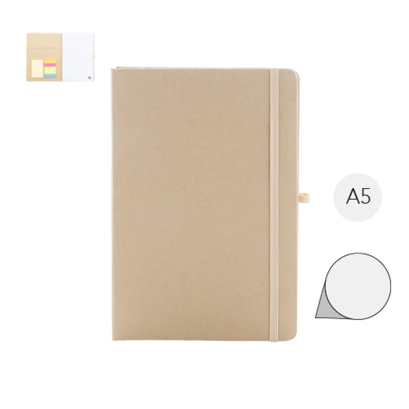 Quaderno A5 con copertina in cartoncino riciclato, foglietti adesivi, tasca, elastico e porta penne