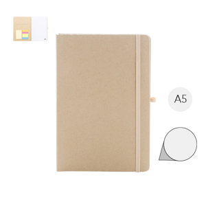 Quaderno A5 con copertina in cartoncino riciclato, foglietti adesivi, tasca, elastico e porta penne