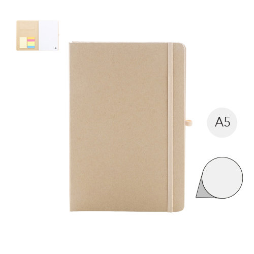 Quaderno A5 con copertina in cartoncino riciclato, foglietti adesivi, tasca, elastico e porta penne