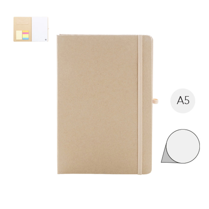Quaderno A5 con copertina in cartoncino riciclato, foglietti adesivi, tasca, elastico e porta penne