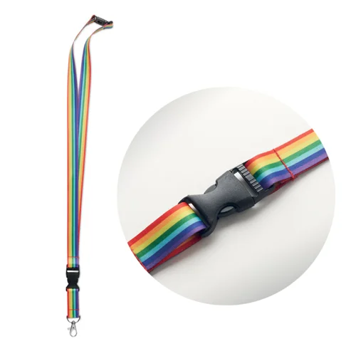 Lanyard in RPET arcobaleno con gancio in metallo, fibbia staccabile e chiusura di sicurezza 2X56CM