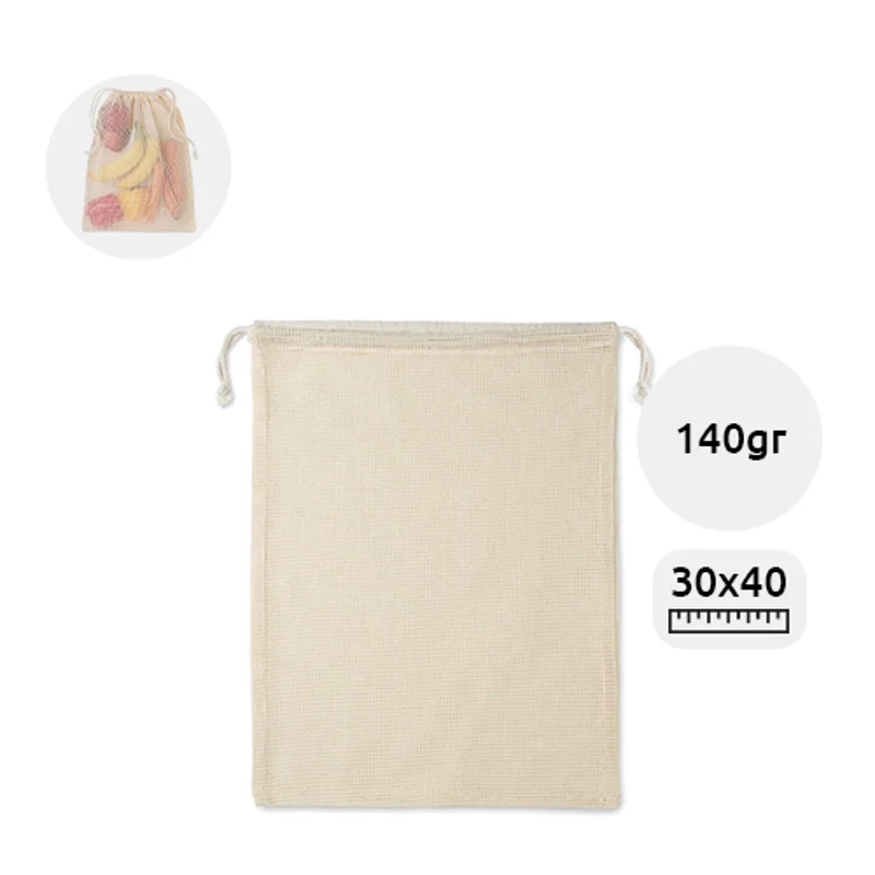 Sacca per alimenti riutilizzabile in cotone 140gr con lato in rete e chiusura a coulisse 30x40cm