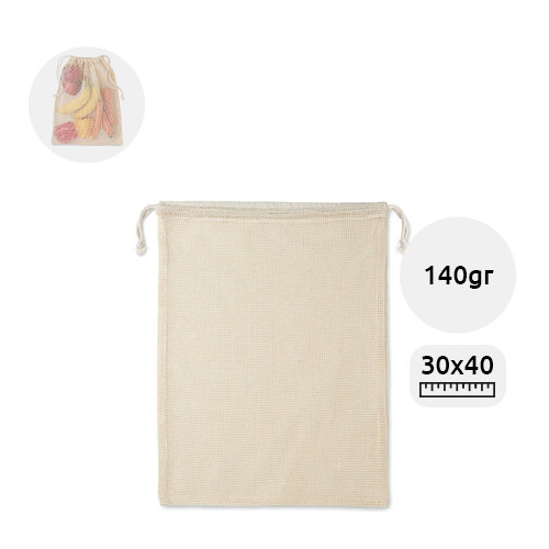 Sacca per alimenti riutilizzabile in cotone 140gr con lato in rete e chiusura a coulisse 30x40cm