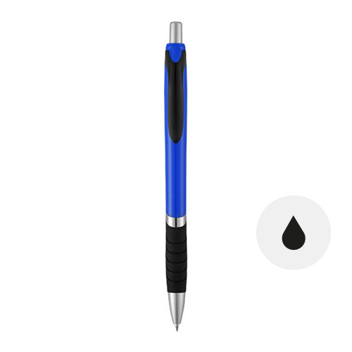 Penna a sfera in plastica colorata con impugnatura in gomma e con meccanismo a scatto e refill nero