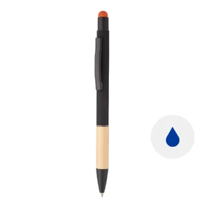 Penna a sfera in alluminio con finitura gommata e impugnatura in bambù e punta touch con refill blu