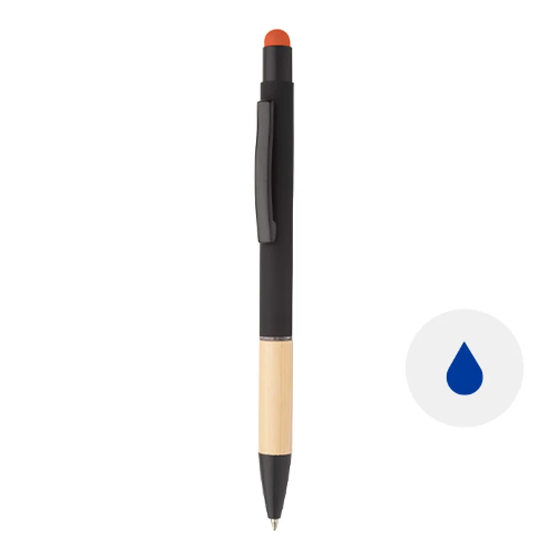 Penna a sfera in alluminio con finitura gommata e impugnatura in bambù e punta touch con refill blu