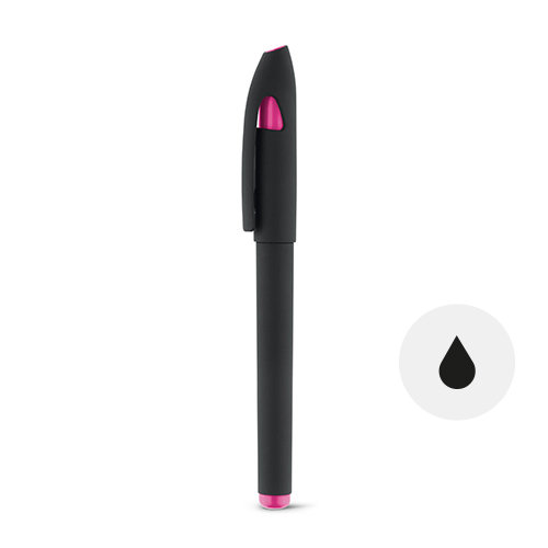 Penna roller in ABS e finitura gomma e dettagli colorati con cappuccio e refill nero