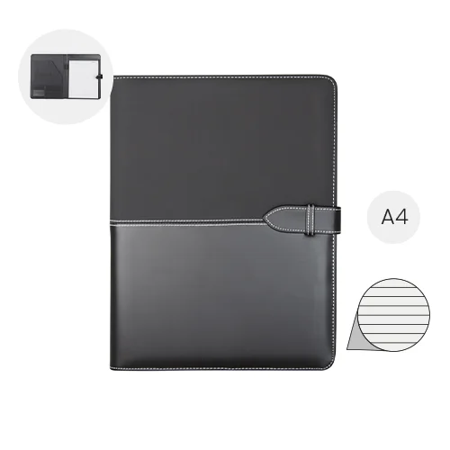 Cartella in pelle con blocco appunti in formato A4 con fogli a righe e tasche interne