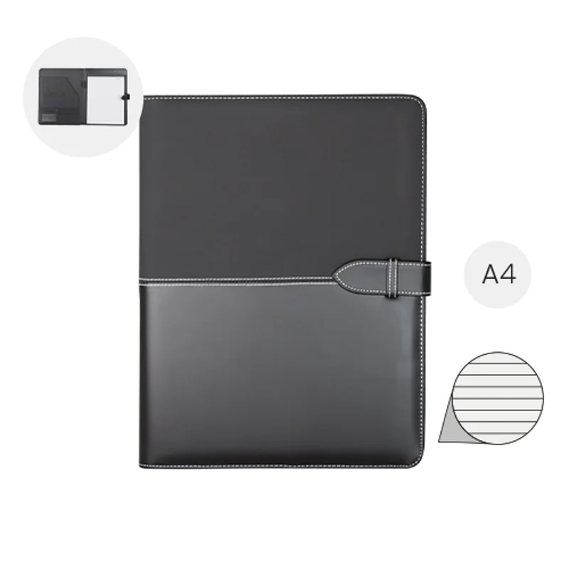Cartella in pelle con blocco appunti in formato A4 con fogli a righe e tasche interne