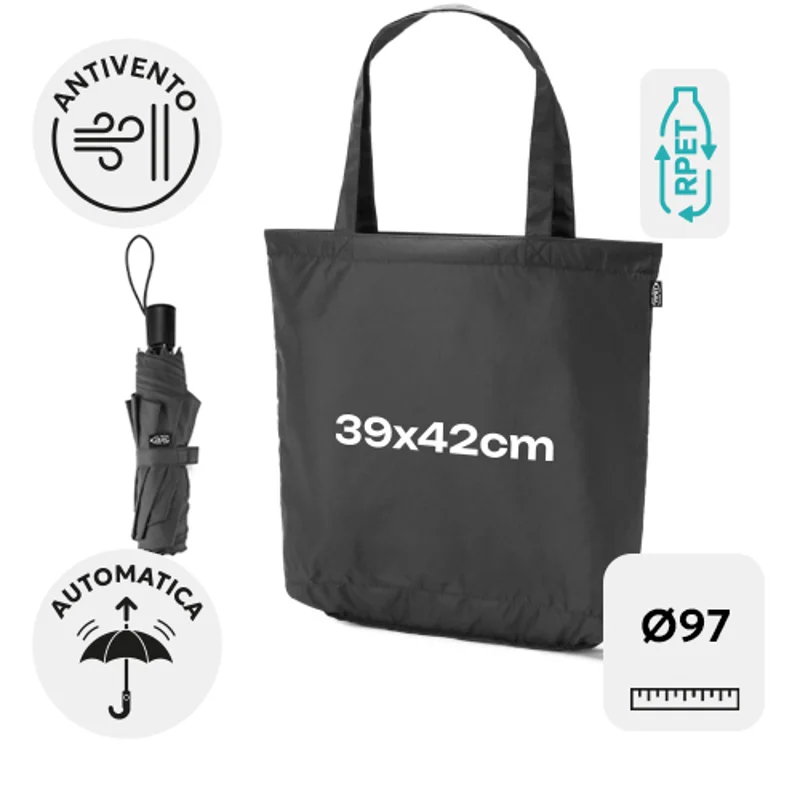 Set regalo ecologico RPET con ombrello pieghevole antivento 21” e shopper 39x42cm