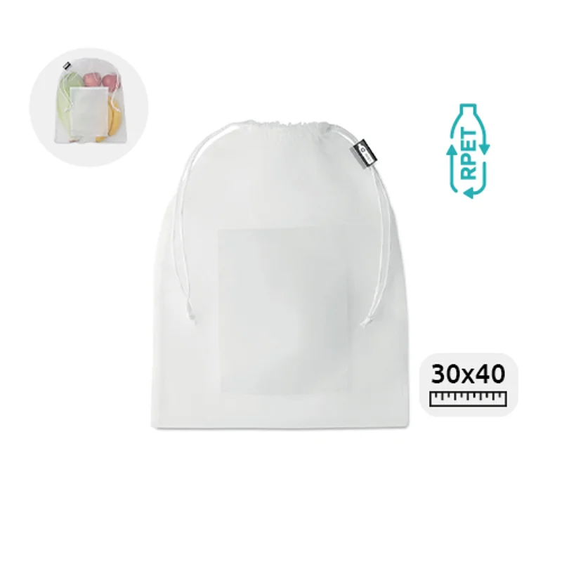 Sacca a rete in RPET trasparente con chiusura a coulisse 30x40cm