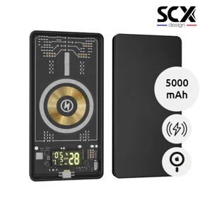 Power bank a marchio SCX wireless magnetico da 5.000 mAh 5 W con parte trasparente e personalizzazione con logo luminoso