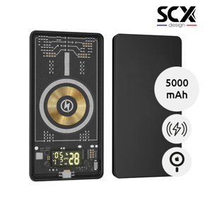Power bank a marchio SCX wireless magnetico da 5.000 mAh 5 W con parte trasparente e personalizzazione con logo luminoso