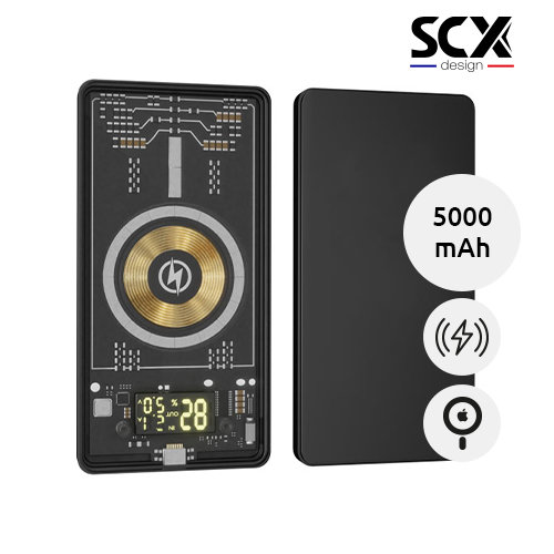 Power bank a marchio SCX wireless magnetico da 5.000 mAh 5 W con parte trasparente e personalizzazione con logo luminoso