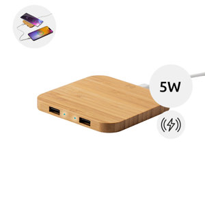 Caricatore wireless in bambù con 2 porte USB da 5W