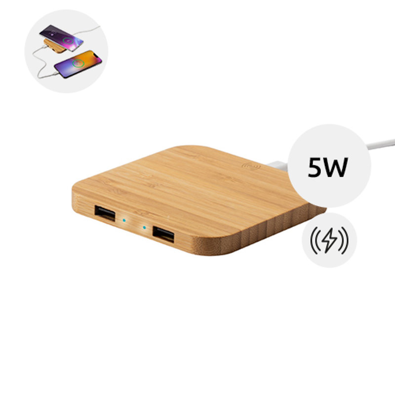 Caricatore wireless in bambù con 2 porte USB da 5W