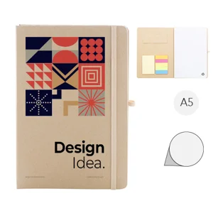 Quaderno A5 con copertina in cartoncino riciclato, foglietti adesivi, tasca, elastico e porta penne