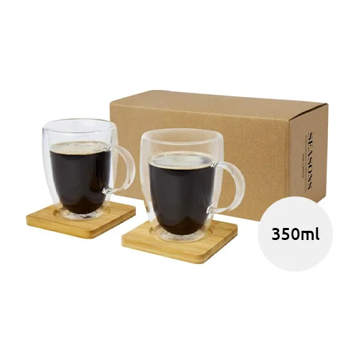 Set di 2 tazze in vetro a doppia parete da 350 ml con sottobicchiere in bambù