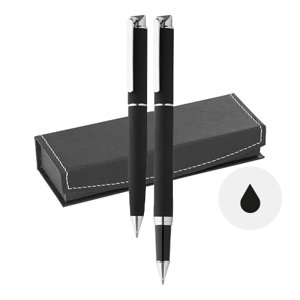 Set composto da penna a sfera con meccanismo a rotazione e roller in metallo con finitura gommata e refill nero In confezione regalo