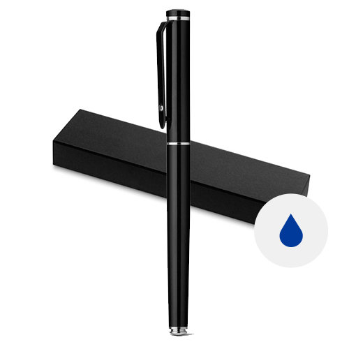 Penna roller in metallo disponibile in bianco e nero con cappuccio e refill blu