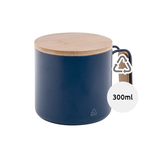 Tazza termica a doppia parete in acciaio inox riciclato con coperchio e manico in bambù da 300ml