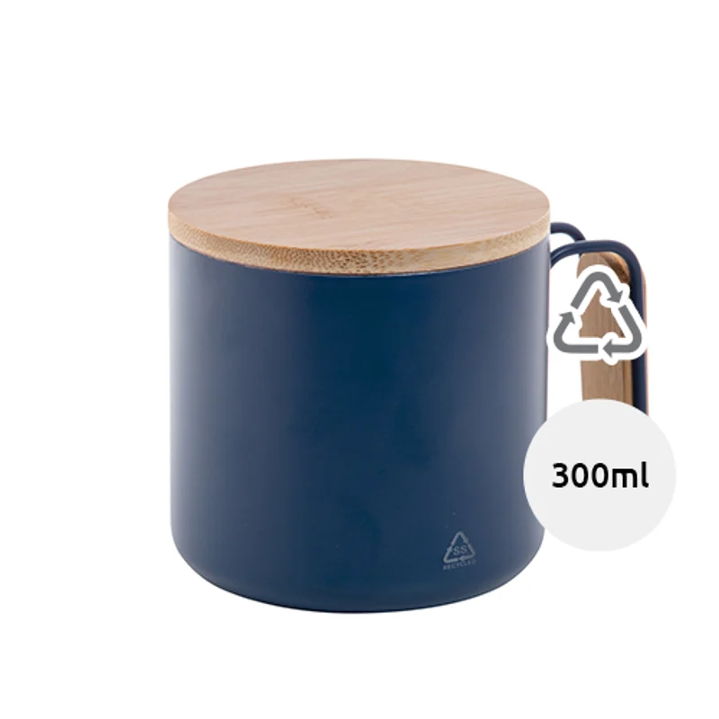 Tazza termica a doppia parete in acciaio inox riciclato con coperchio e manico in bambù da 300ml